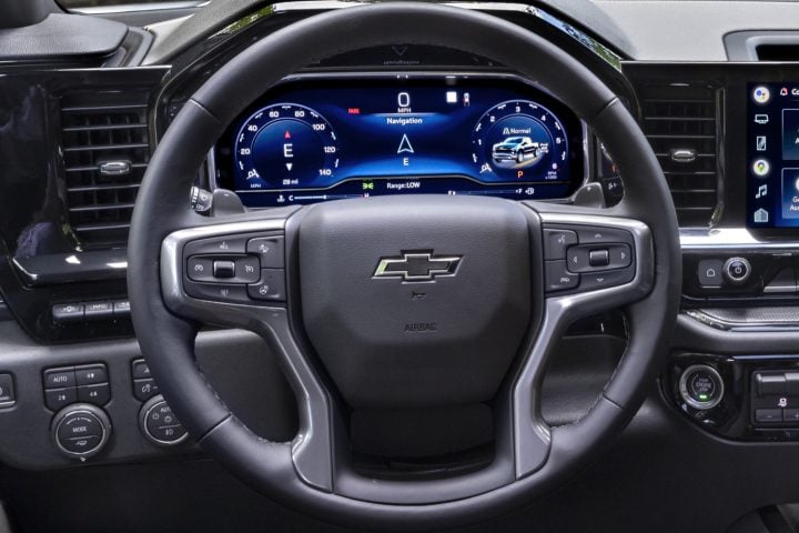 A photo of the Chevy Silverado steering wheel with paddle shifters.