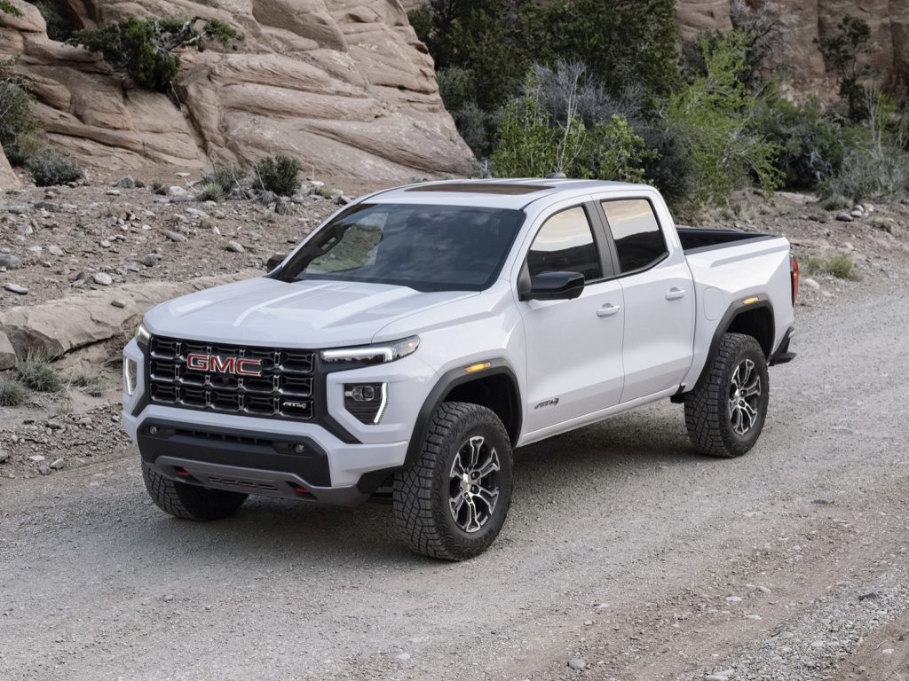 Front three-quarters view of 2023 GMC Canyon AT4 truck. 