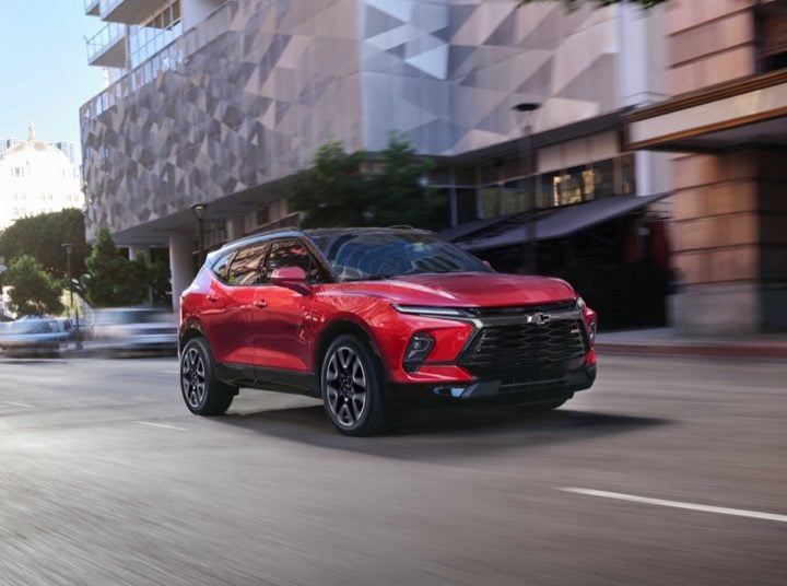 Front three-quarters view of Chevy Blazer. Chevy Blazer deals in April 2025 include low-interest financing.