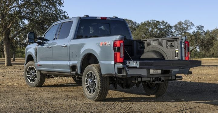 Ford Super Duty Limited rear three quarter angle.