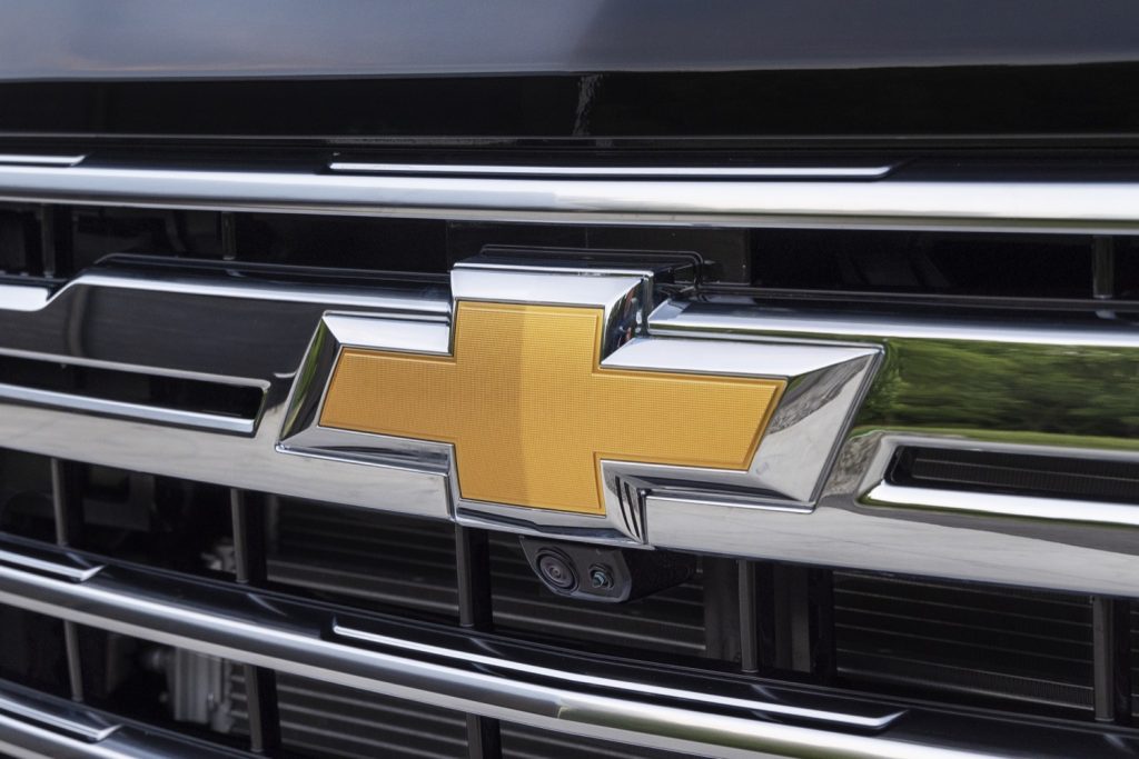 The Chevy bowtie emblem on the Chevy Silverado HD grille.