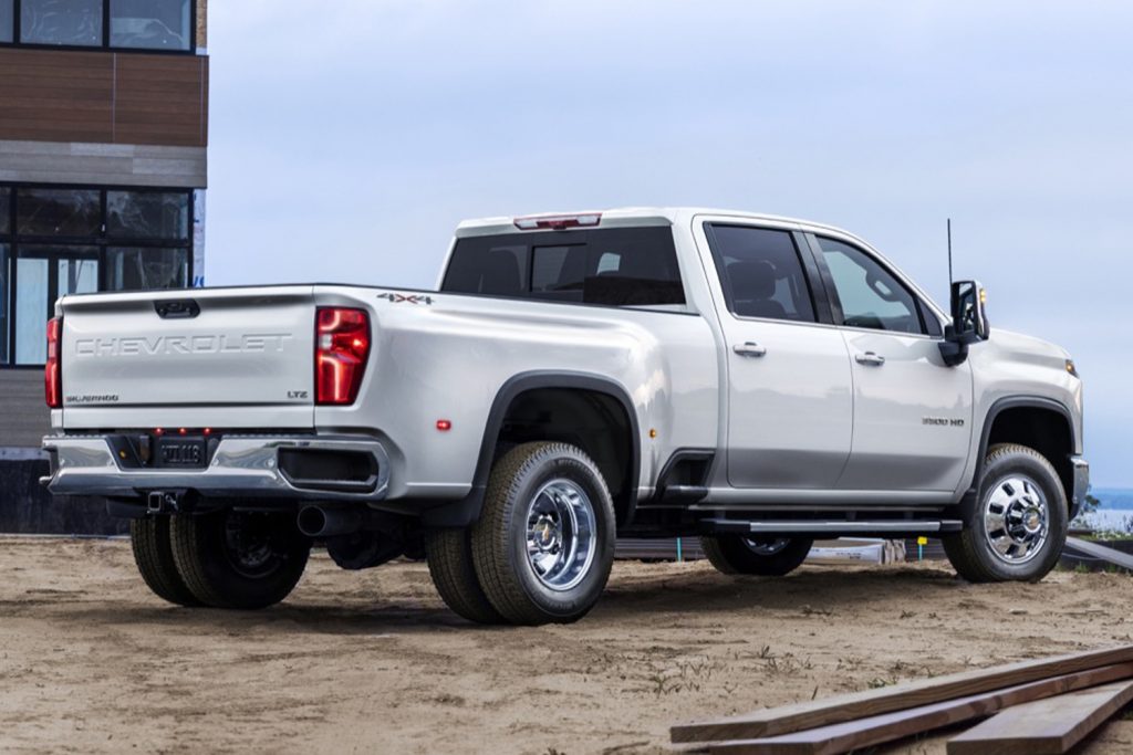 This is the refreshed 2024 Chevy Silverado HD heavy duty pickup truck, featuring new exterior styling, overhauled interior space, and much more. The dually in LTZ trim is shown here.
