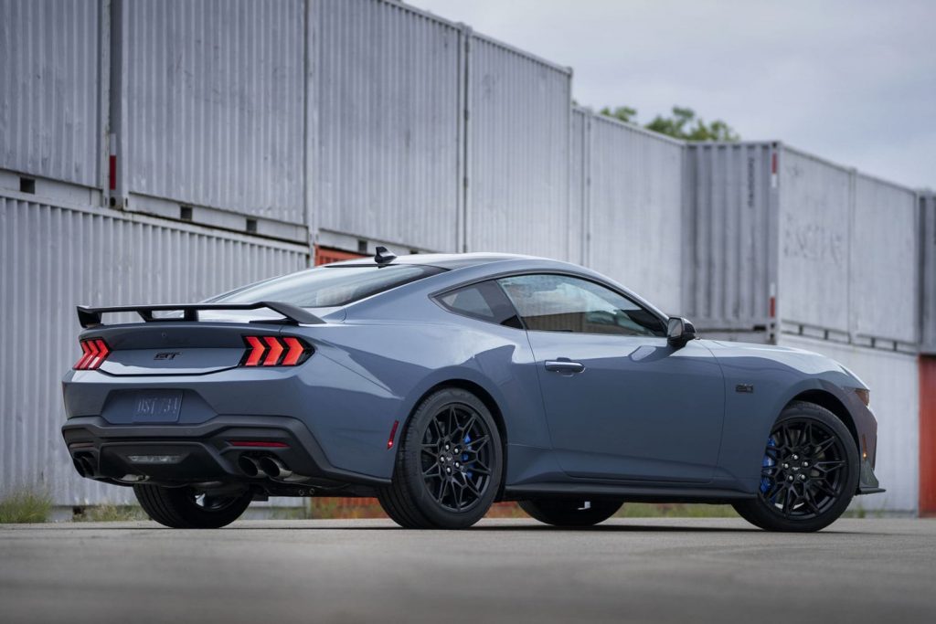 Rear three quarters view of the 2024 Ford Mustang.