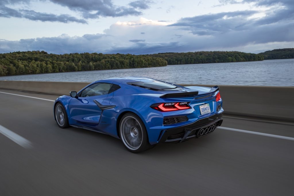 Rear three quarters view of the 2023 Chevy Corvette. 