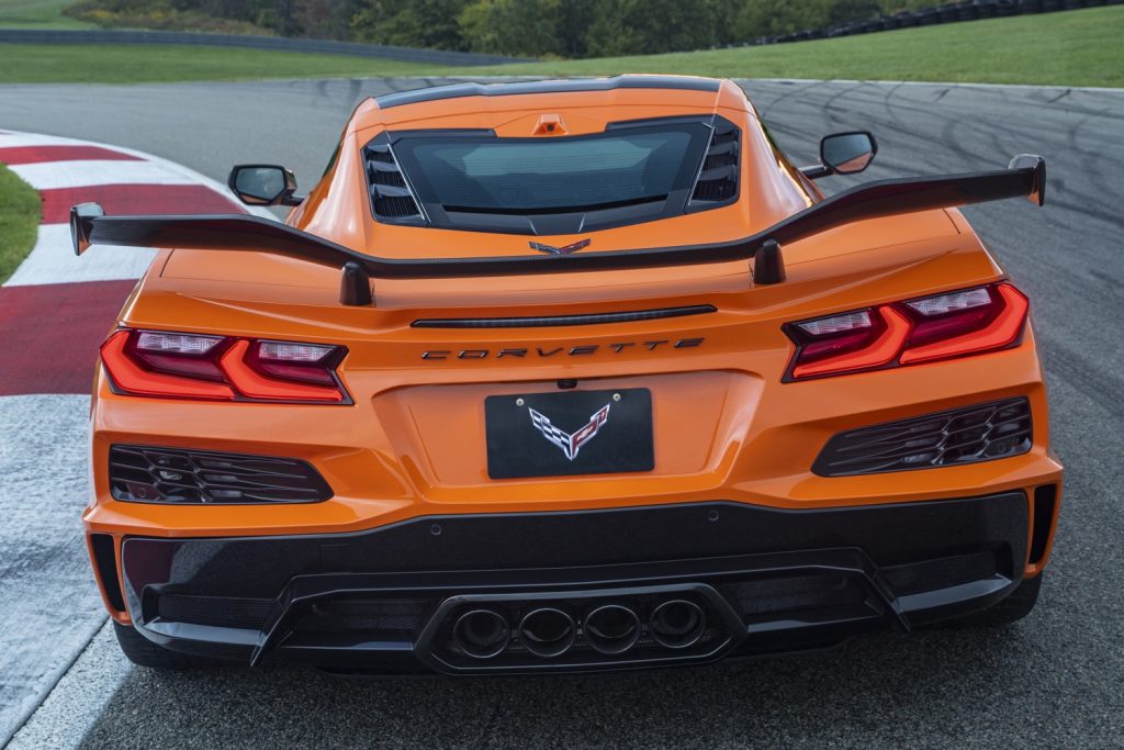 The rear end of the C8 Corvette Z06 with the optional carbon fiber aero package equipped.