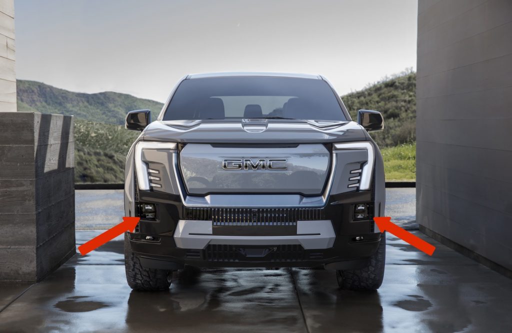 2024 GMC Sierra EV headlamps indicated by red arrows