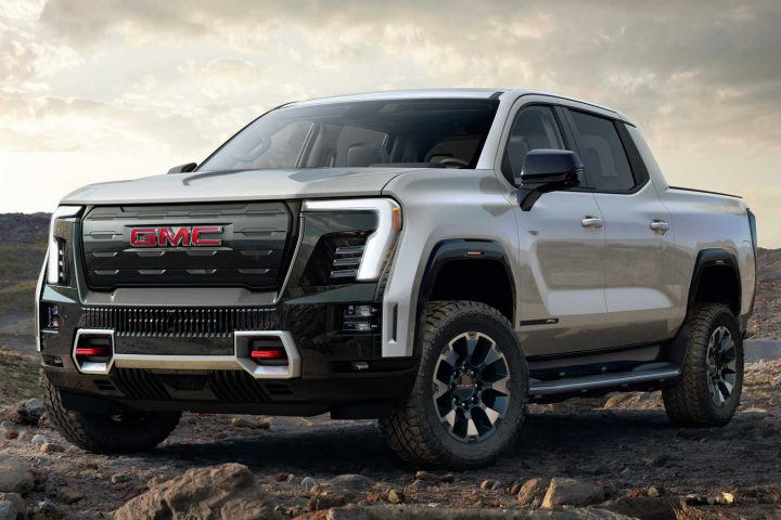 Front three quarters view of the GMC Sierra. 