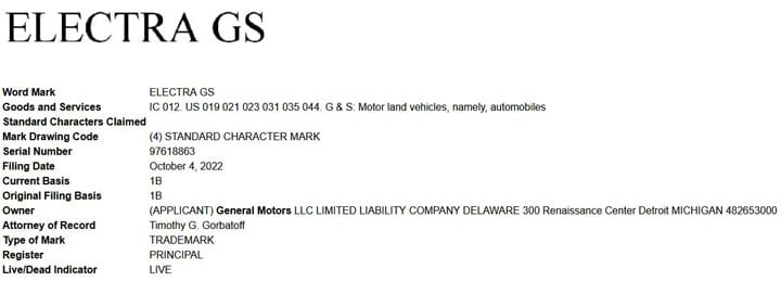 The original Electra GS trademark filing.