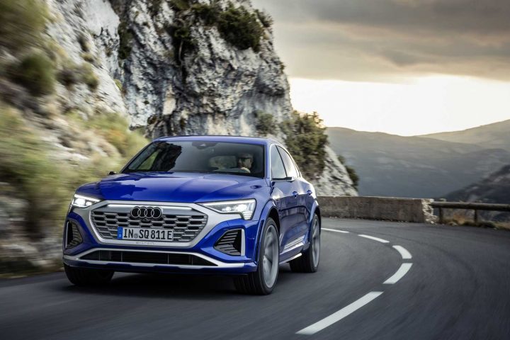 The Audi SQ8 Sportback e-tron quattro on a mountain road.