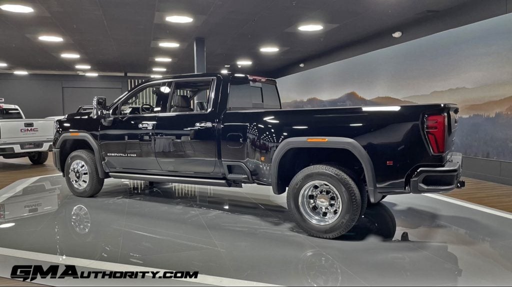 This is the refreshed 2024 GMC Sierra HD heavy duty pickup truck, featuring new exterior styling, overhauled interior space, and much more. The dually in Denali trim is shown here.