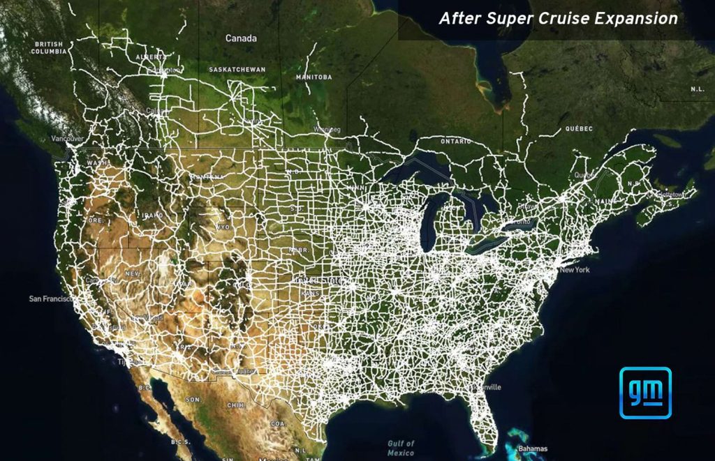 A map of expanded Super Cruise hands-free coverage, November 2022, U.S. highways.