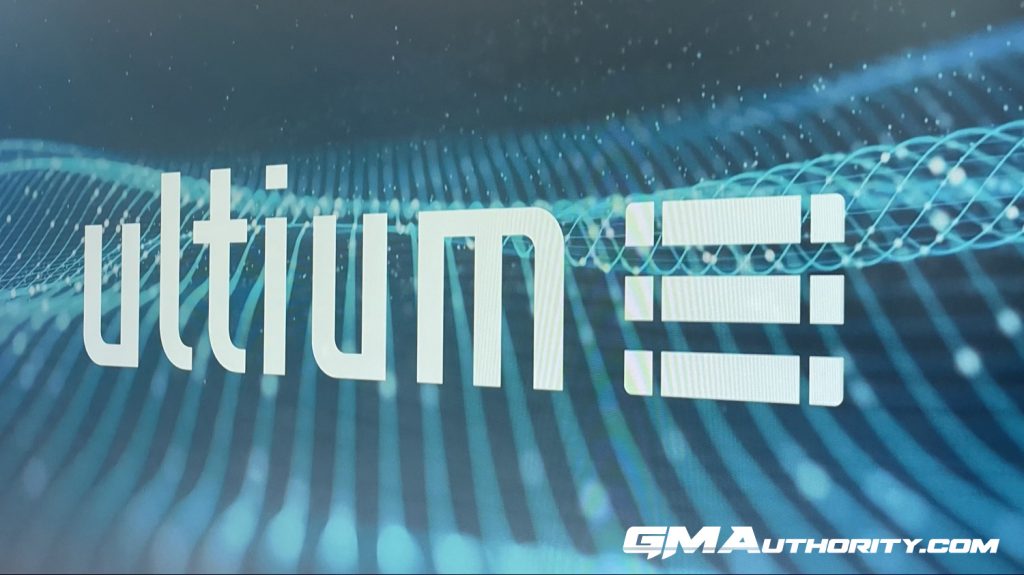The GM Ultium logo at its Renaissance Center HQ.