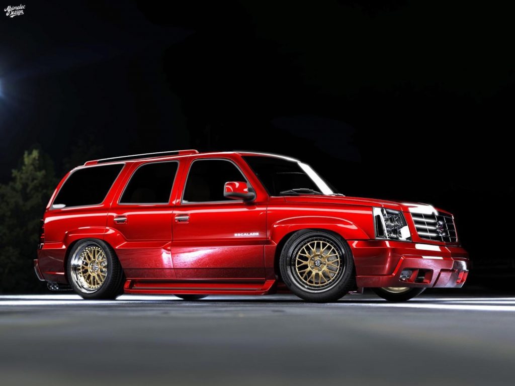 A slammed Cadillac Escalade rendering riding on Meister M1 wheels.