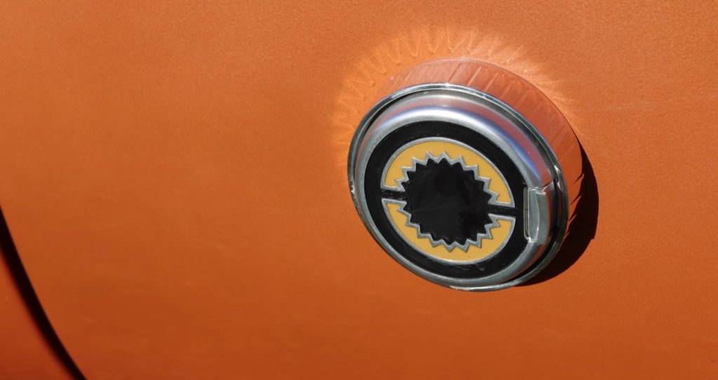 Gas cap on a fully custom 1973 Chevy C10 from Roadster Shop.