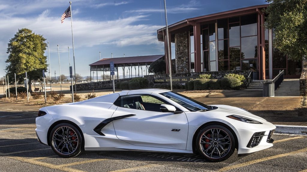Side profile photo of 2023 Corvette C8 Stingray Convertible equipped with the 70th Anniversary package.