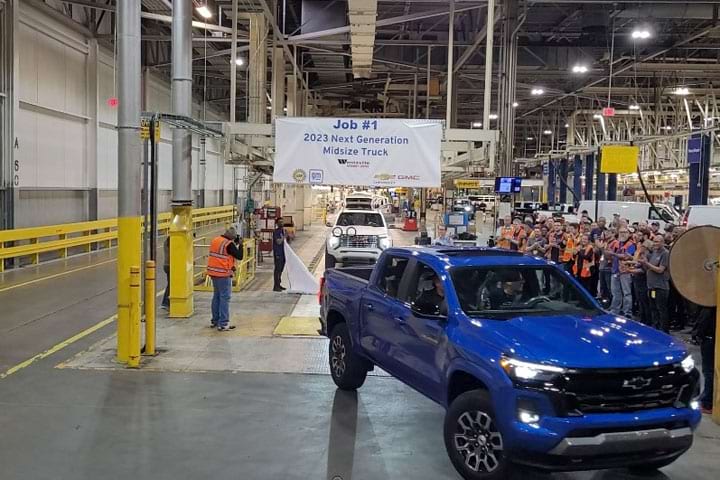 2023 Chevy Colorado rolling down the assembly line at the GM Wentzville plant.