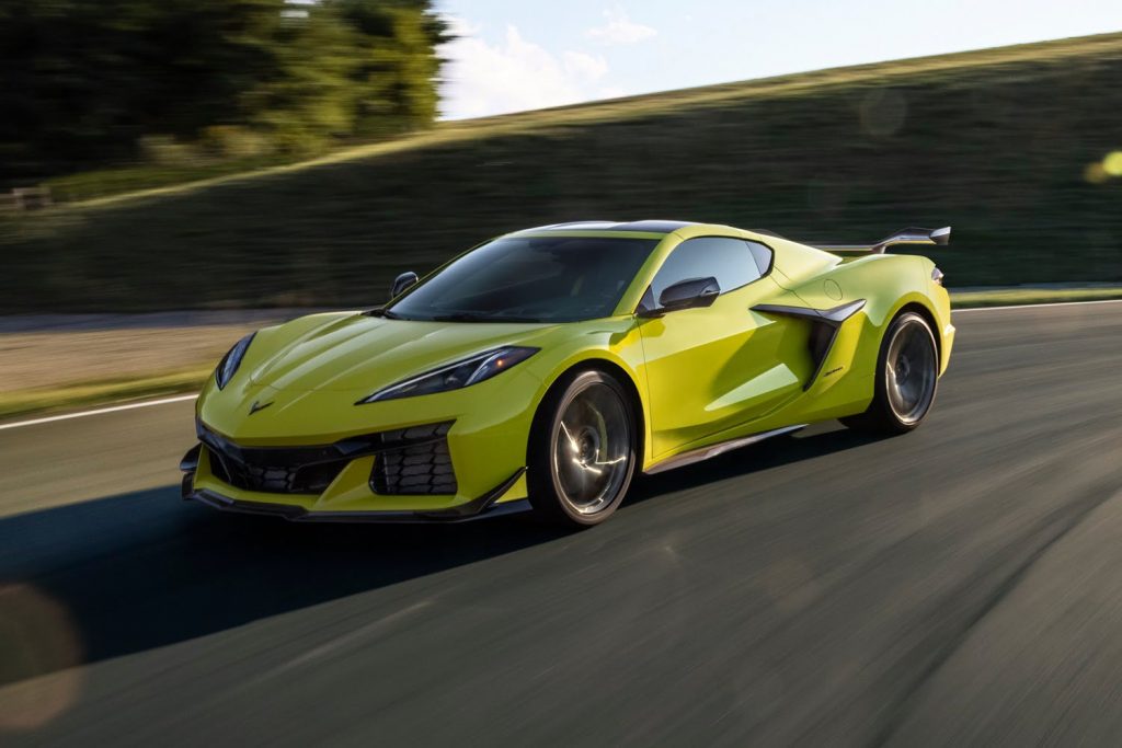 Front-three-quarter photo of 2023 Corvette Z06 painted in Accelerate Yellow Metallic paint.