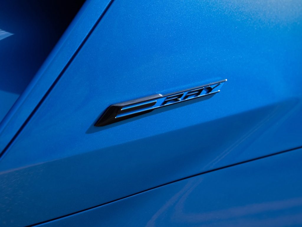 Close-up view of the Corvette E-Ray logo.