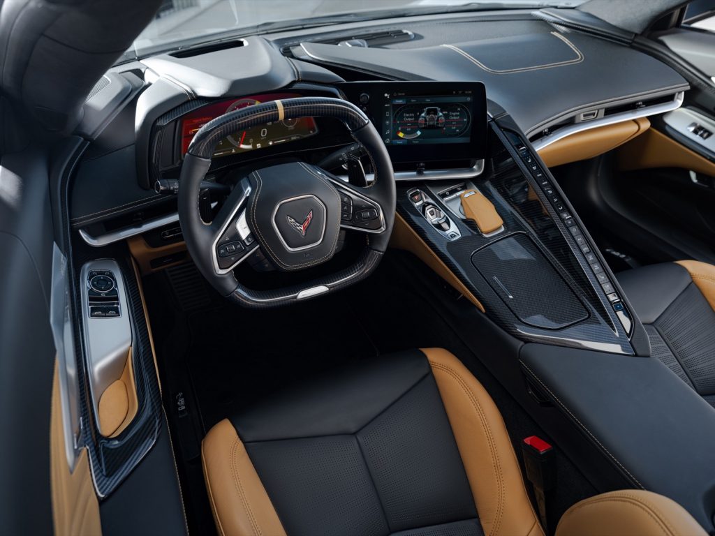 The cockpit interior of the 2024 Chevy Corvette E-Ray. 
