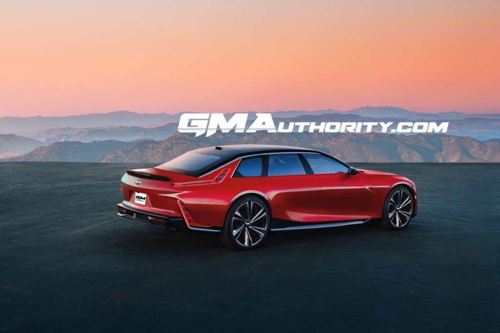 A rear three quarters view of a GM Authority rendering depicting a hypothetical Cadillac Celestiq sedan.