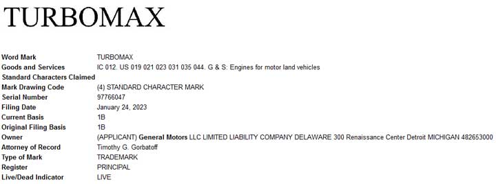 This trademark filing lists Turbomax as a new name for GM engines.