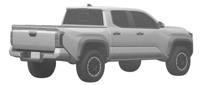Toyota Tacoma or Toyota Hilux rear three-quarters view from patent renderings.