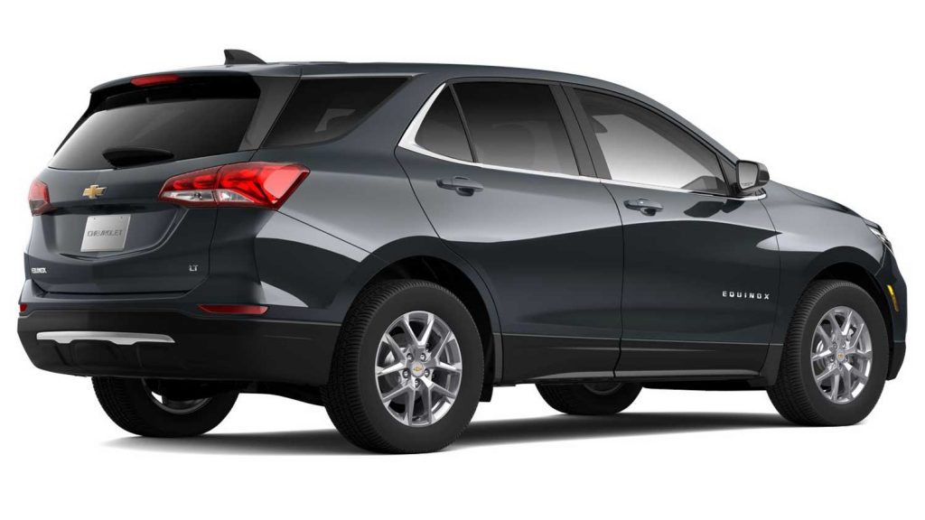 Rear three-quarters view of the 2023 Chevy Equinox in Iron Gray Metallic.