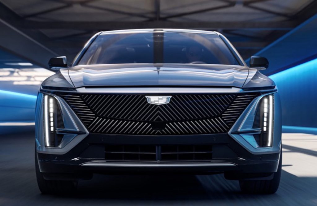 The front end of the all-electric Cadillac Lyriq.