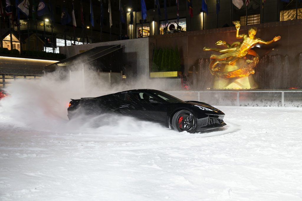 The 2024 Corvette E-Ray performs a cyclone at the Rockefeller Center.