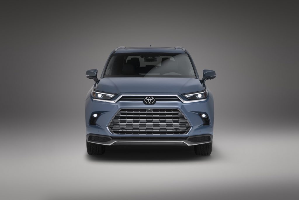 The front end of the all-new 2024 Toyota Grand Highlander, set to rival the Chevy Traverse.