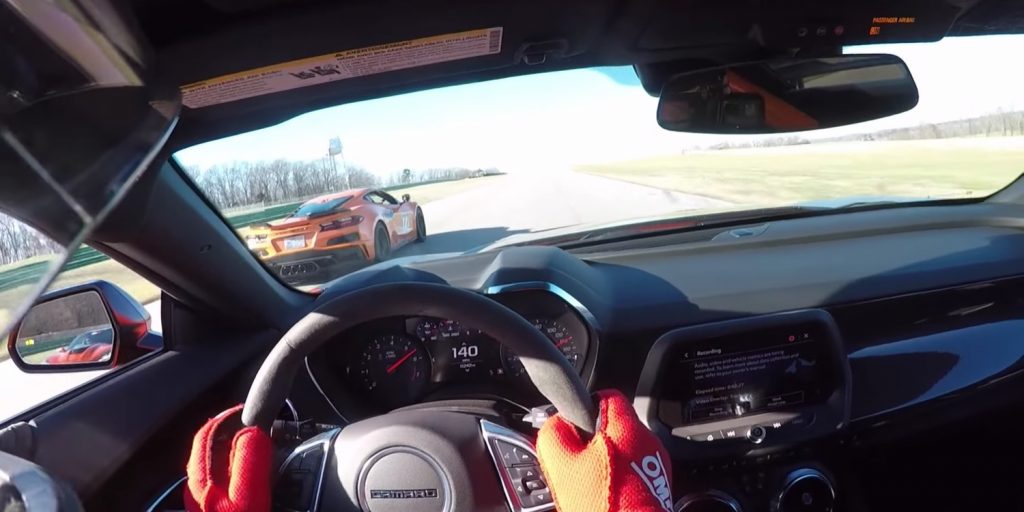 Helmet view of a track day event behind the wheel of the Chevy Camaro ZL1.