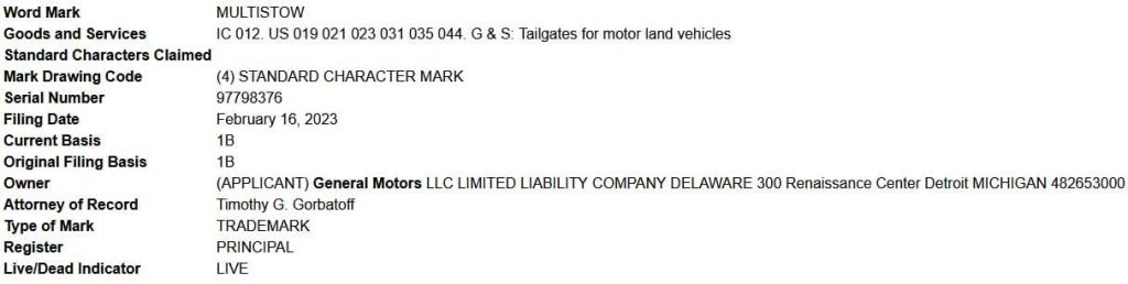 The MultiStow trademark application, possibly for the 2023 GMC Canyon.
