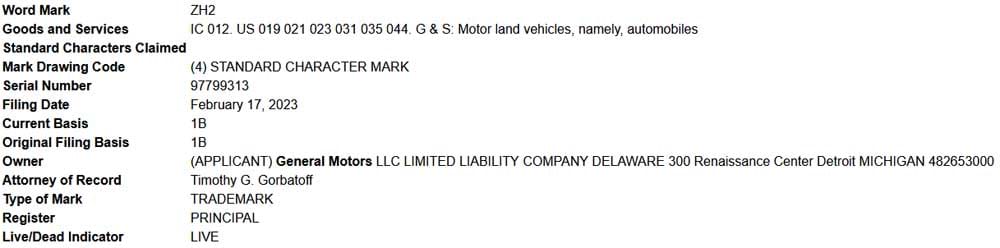 A GM trademark filing for the ZH2 name.