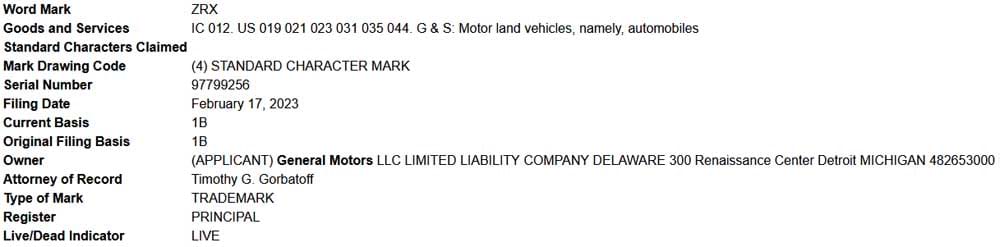 A GM trademark filing for the ZRX name.
