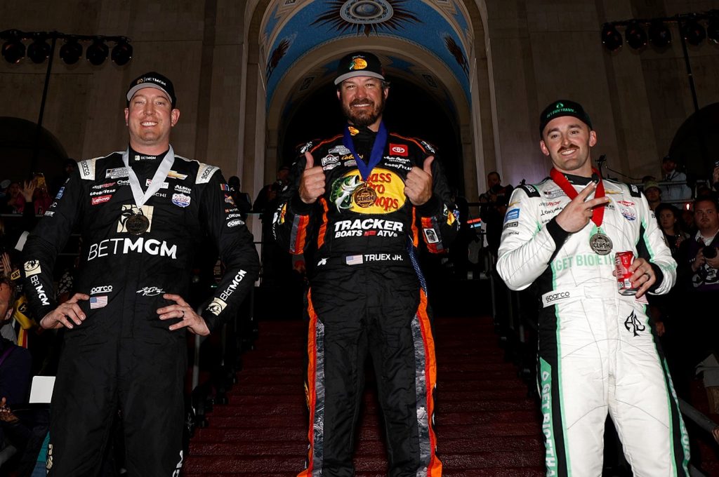 Kyle Busch, driver of No. 8 NASCAR Chevy (left), Martin Truex Jr., driver of No. 19 Camry (middle), and Austin Dillon, driver of No. 3 NASCAR Chevy (right)