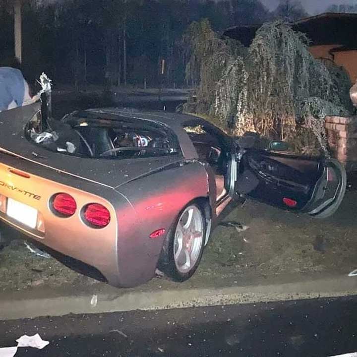 A crashed 2000 Chevy Corvette, covered by NHTSA statistics. 
