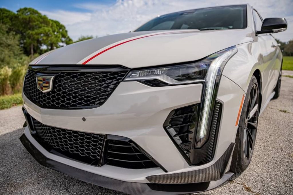 A front end view of the first-ever 2022 Cadillac CT4-V Blackwing produced.