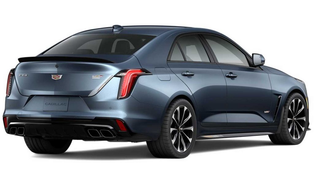 Rear three quarters view of the 2023 Cadillac CT4-V Blackwing with the Bronze Accent Package.