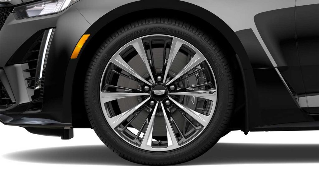 The Bronze wheel center caps on the 2023 Cadillac CT5-V Blackwing.