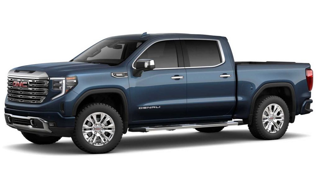 Side view of the 2023 GMC Sierra 1500 in Pacific Blue Metallic.