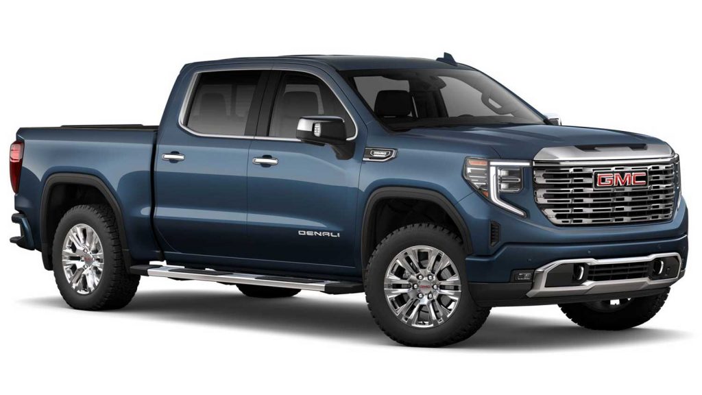 Front three quarters view of the 2023 GMC Sierra 1500 in Pacific Blue Metallic.