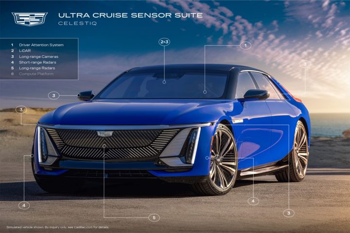 Ultra Cruise sensor suite highlighted on the Cadillac Celestiq.