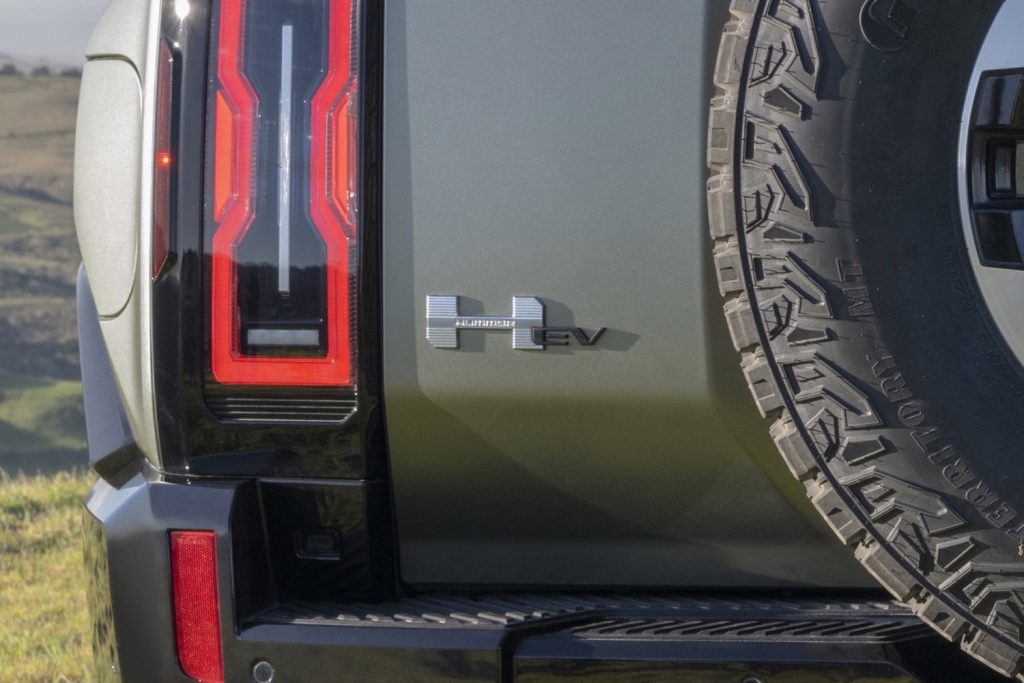Hummer badge on the GMC Hummer EV SUV.