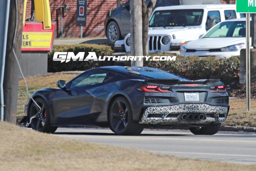 C8 Corvette Z06 Coupe prototype spied with camouflaged rear bumper.