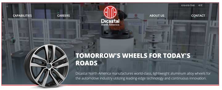 A screenshot of GM wheel supplier Dicastal's website.