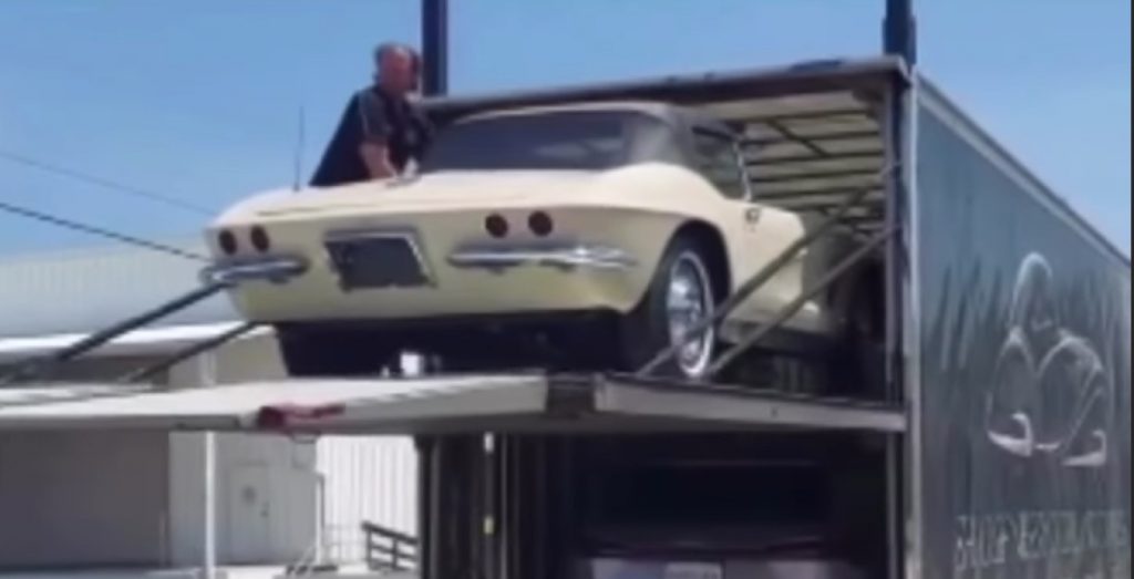 A C1 Corvette is backed down a ramp in a viral video.
