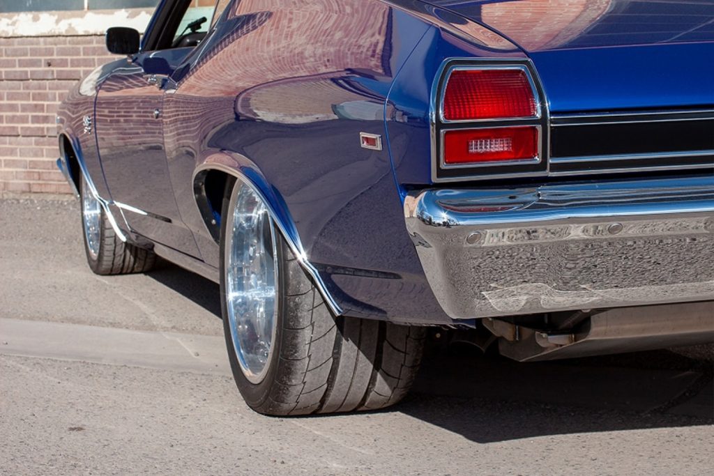 The rear fender of a custom 1969 Chevy Chevelle.