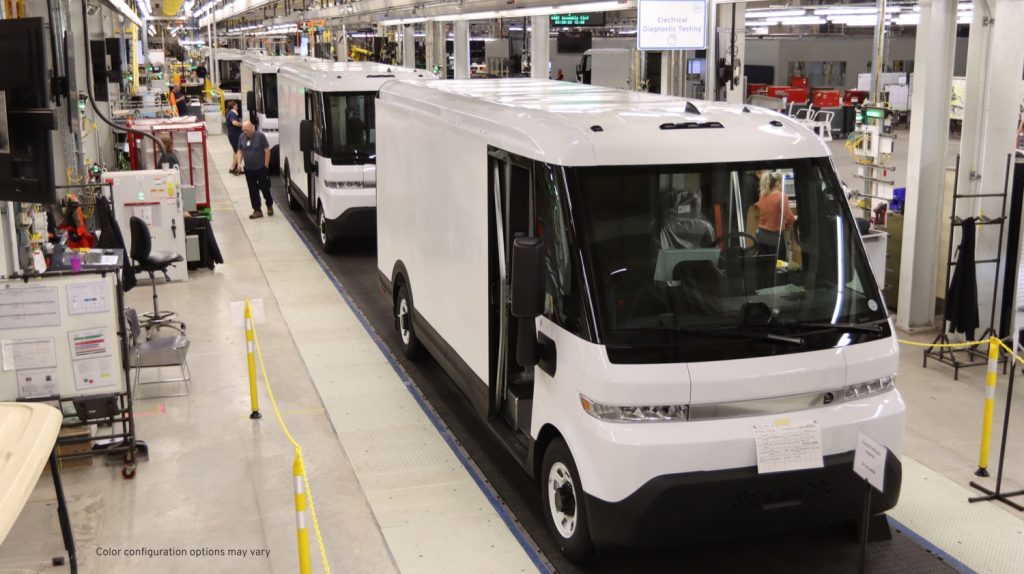BrightDrop Zevo 600 EV vans in production at the GM CAMI plant.