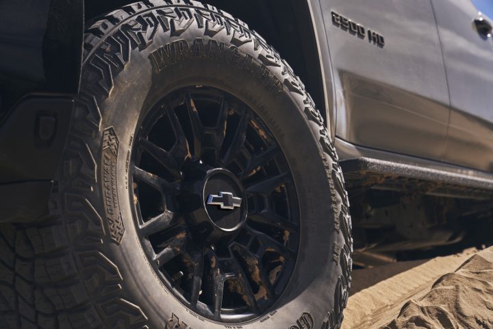 Wheels and tires on the Chevy Silverado HD ZR2 off-road pickup truck.