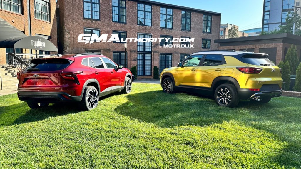Shown here are the all-new 2024 Chevy Trax in the sporty RS trim alongside the refreshed 2024 Chevy Trailblazer in the outdoor-focused Activ trim. 